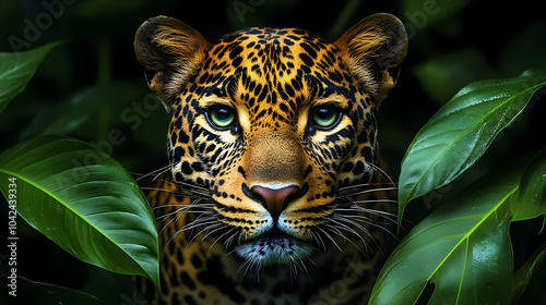 A close-up of a leopard's face amidst lush green foliage.