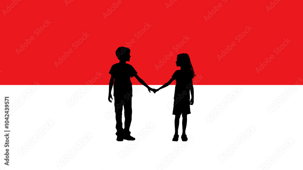 Silhouette of a Boy and Girl Holding Hands on an Indonesian Flag Silhouette of a Boy and Girl Holding Hands on an Indonesian Flag