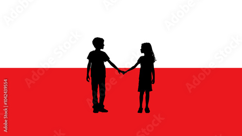 Silhouette of a Boy and Girl Holding Hands on a Polish Flag