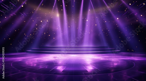 Purple stage with golden lights and glitter, starry night, pink light rays, shiny background,