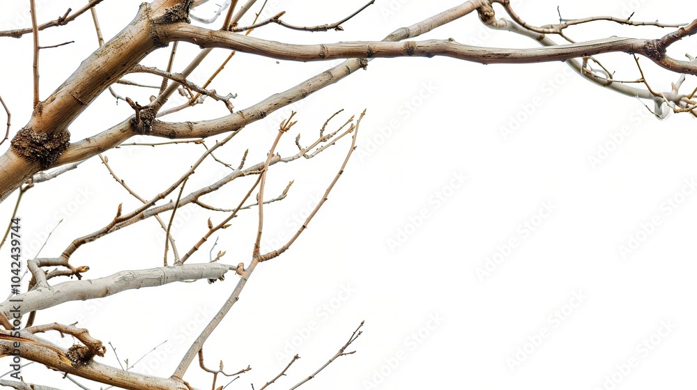 Dry tree branches isolated on white background - a stark and delicate sight. This image presents dry tree branches standing out against a pure white backdrop Dry tree branches isolated on white background - a stark and delicate sight. This image presents dry tree branches standing out against a pure white backdrop