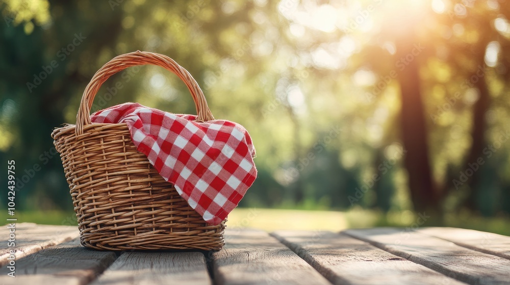 A wicker picnic basket on a wooden table. The basket is perfect for summer outings and picnics. A wicker picnic basket on a wooden table. The basket is perfect for summer outings and picnics.