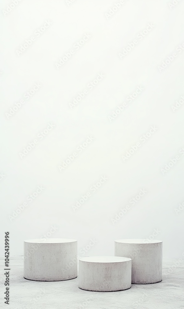 Three white cylindrical podiums on a white background. Three white cylindrical podiums on a white background.