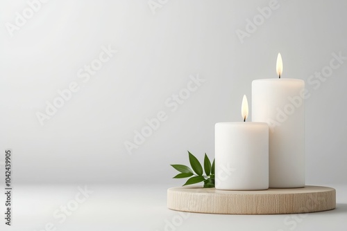 Two candles are lit on a wooden table with a leafy green plant in between them