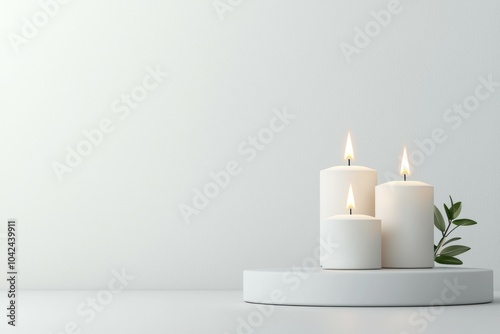 Three white candles are lit on a white table