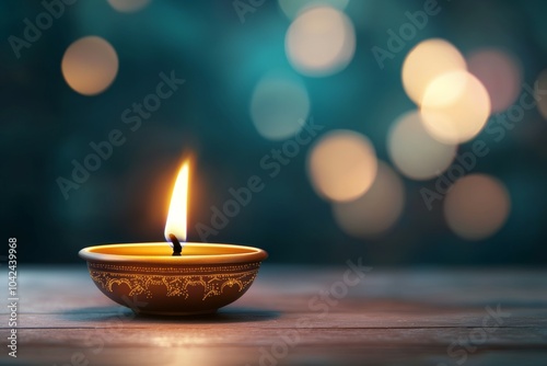 A small candle is lit in a gold bowl on a wooden table