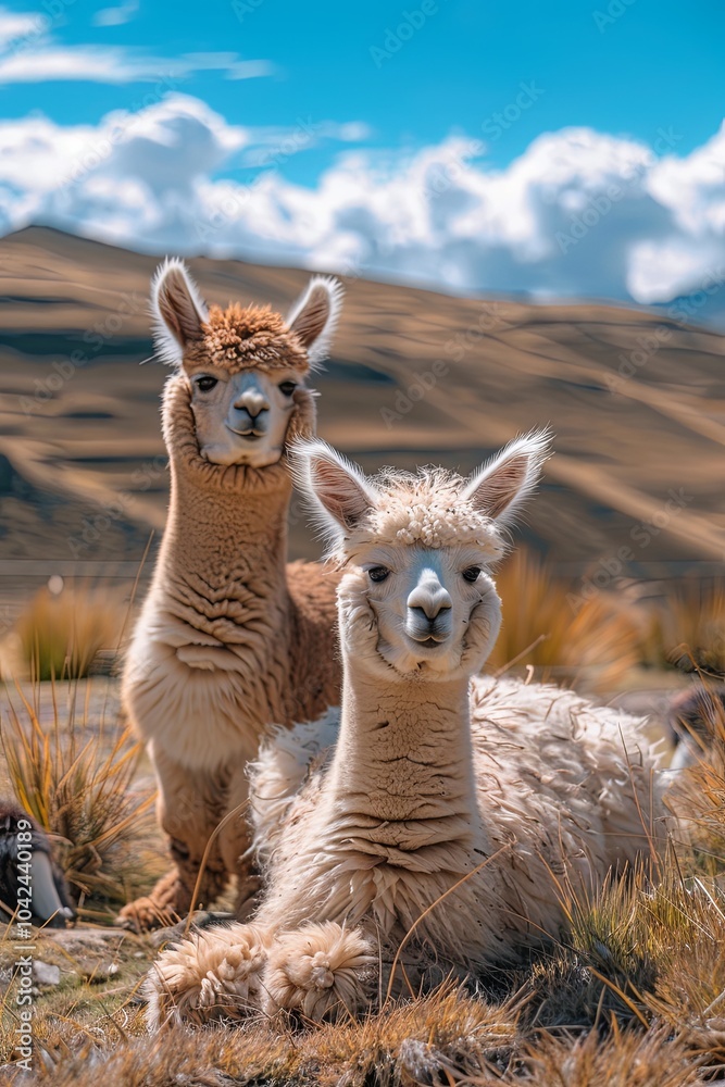 Two alpacas, one standing and one lying down, looking directly at the camera, in a grassy field with a mountain range in the background. Two alpacas, one standing and one lying down, looking directly at the camera, in a grassy field with a mountain range in the background.