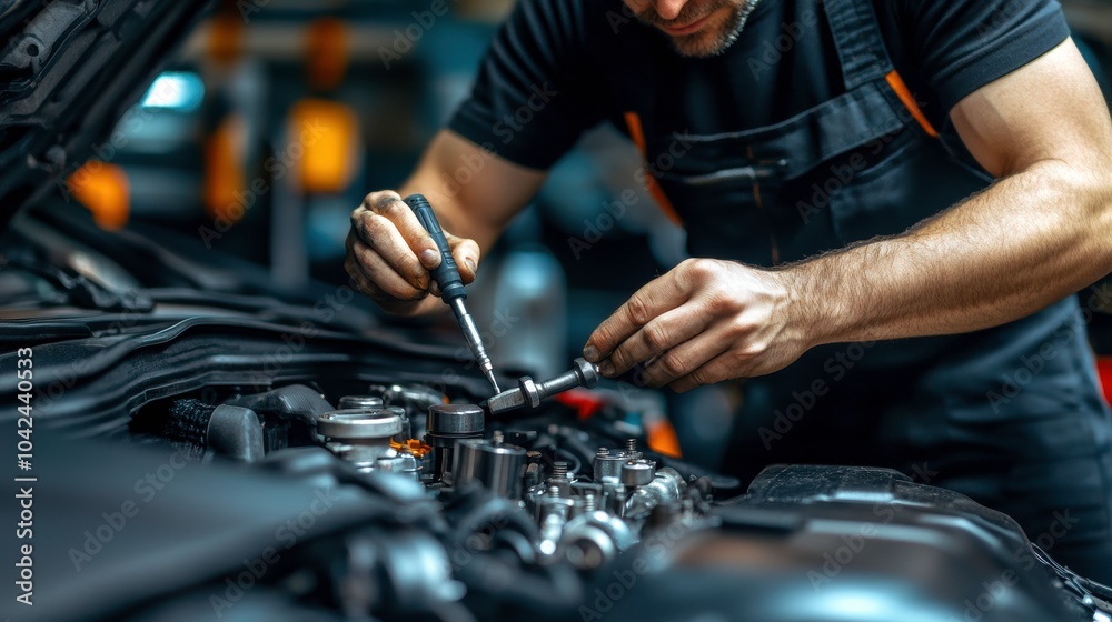 Car Service Technician Replaces Engine Parts Using Tools in a Service Center. Generative AI Car Service Technician Replaces Engine Parts Using Tools in a Service Center. Generative AI