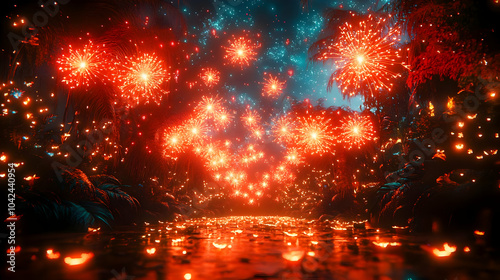 Fireworks Display in a Lush Forest at Night