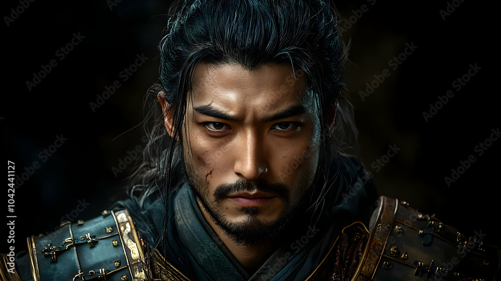 Intense portrait of a warrior with a fierce expression. Intense portrait of a warrior with a fierce expression.