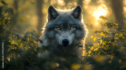 A majestic wolf with glowin...