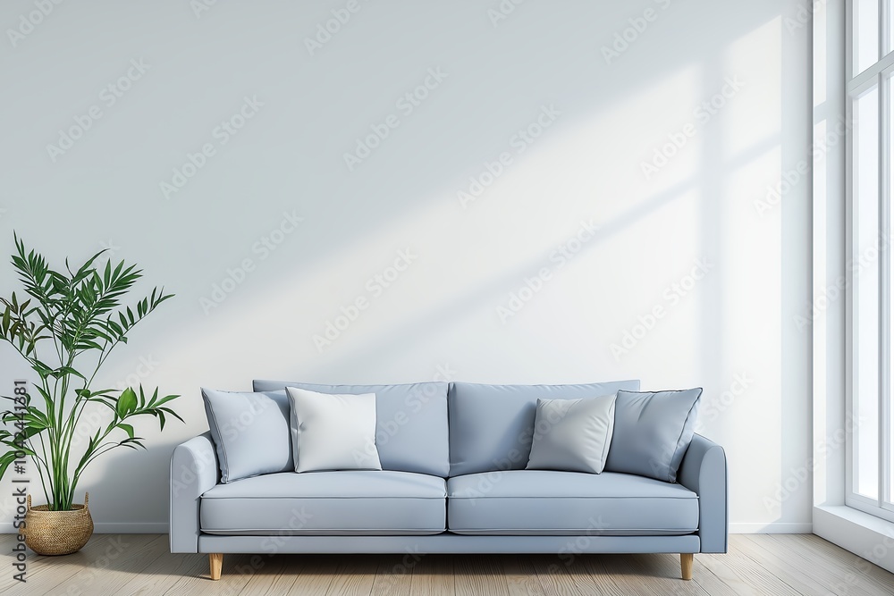 Interior Living Room, Empty Wall Mockup In White Room With Blue Sofa And Interior Furniture, 3d Render Real Room Template Interior Living Room, Empty Wall Mockup In White Room With Blue Sofa And Interior Furniture, 3d Render Real Room Template