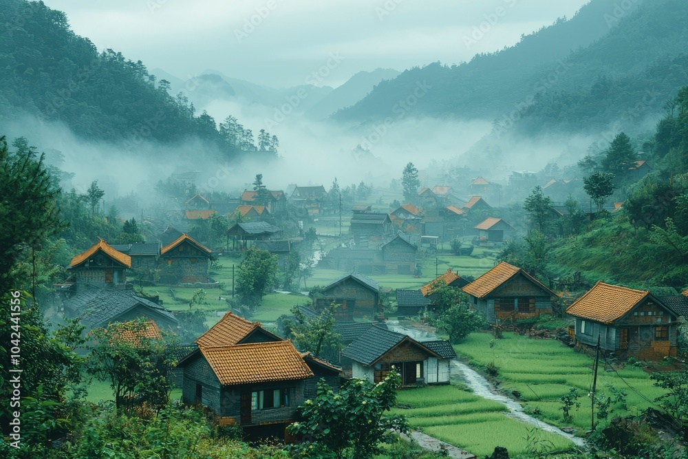 Obraz premium Foggy Mountain Village with Traditional Houses and Lush Greenery