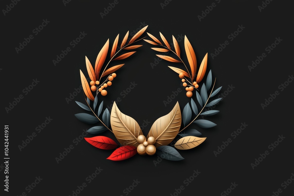 Obraz premium A wreath of leaves and berries is displayed on a black background