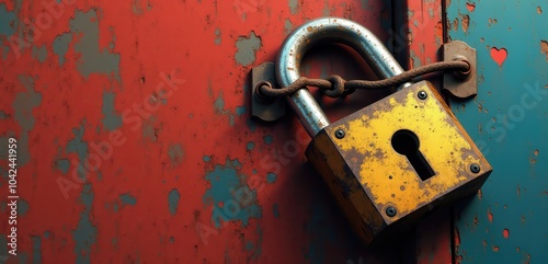 A close up of a rusty padlock on a weathered door, symbolizing security and protection. Ideal for use in articles on safety, security measures, and property management. photo