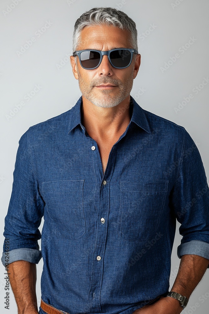 A man with grey hair and a beard wearing blue sunglasses and a blue button-down shirt looks confidently at the camera. A man with grey hair and a beard wearing blue sunglasses and a blue button-down shirt looks confidently at the camera.