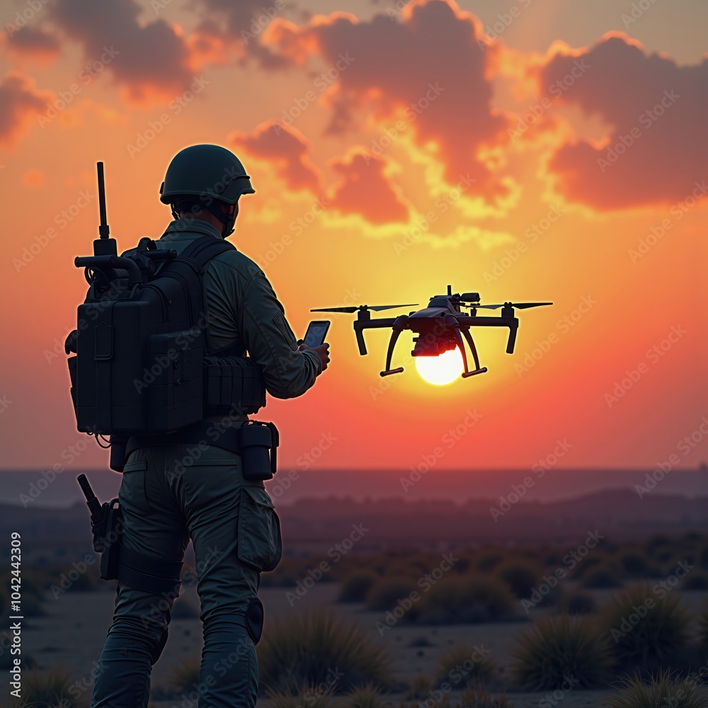 A soldier operates a drone at sunset, showcasing the integration of technology in military operations and surveillance. A soldier operates a drone at sunset, showcasing the integration of technology in military operations and surveillance.