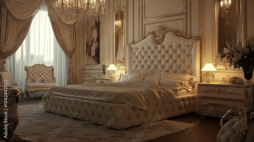 Fototapeta premium Elegant Luxurious Bedroom With Tufted Headboard and Modern Artistic Accents in a Serene Setting. Generative AI
