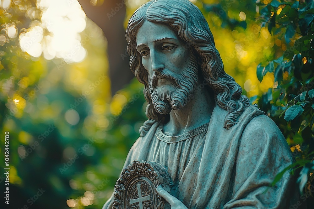 A Close-Up of a Stone Statue of Jesus Holding a Cross A Close-Up of a Stone Statue of Jesus Holding a Cross