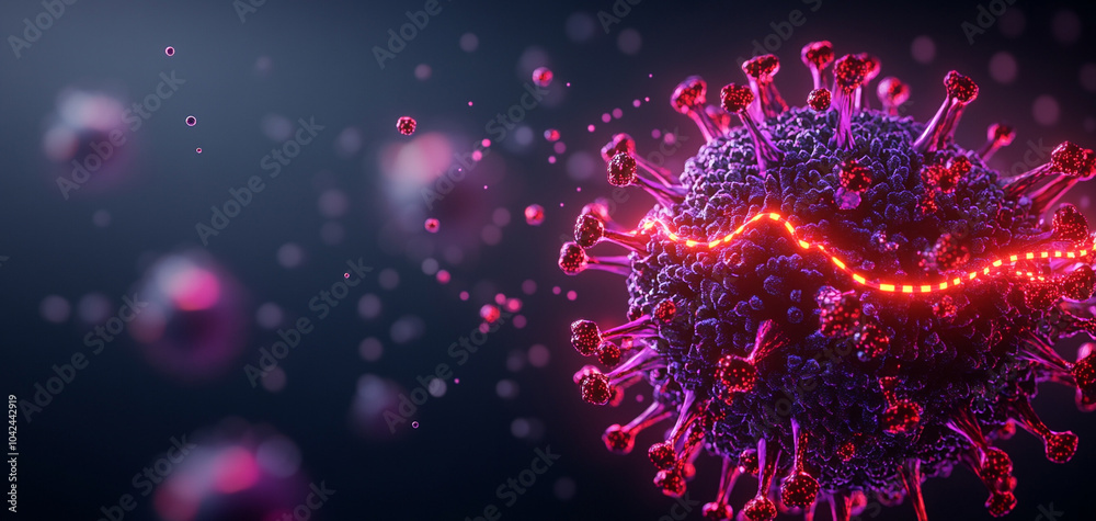 Stylized virus illustration, vibrant colors on dark background, isolated image Stylized virus illustration, vibrant colors on dark background, isolated image