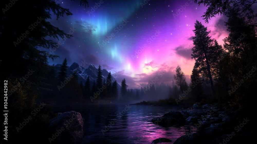 Obraz premium A mesmerizing display of the aurora borealis illuminates the night sky above a tranquil lake and mountain range.