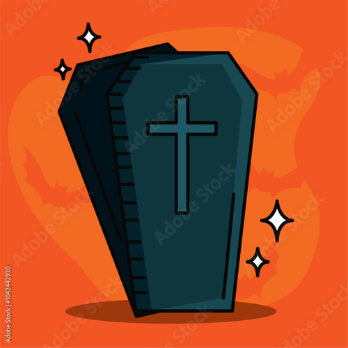 Coffin with cross illustration for Halloween grave decor, Vector