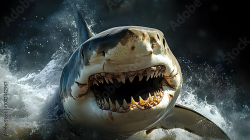A fierce shark breaching th...