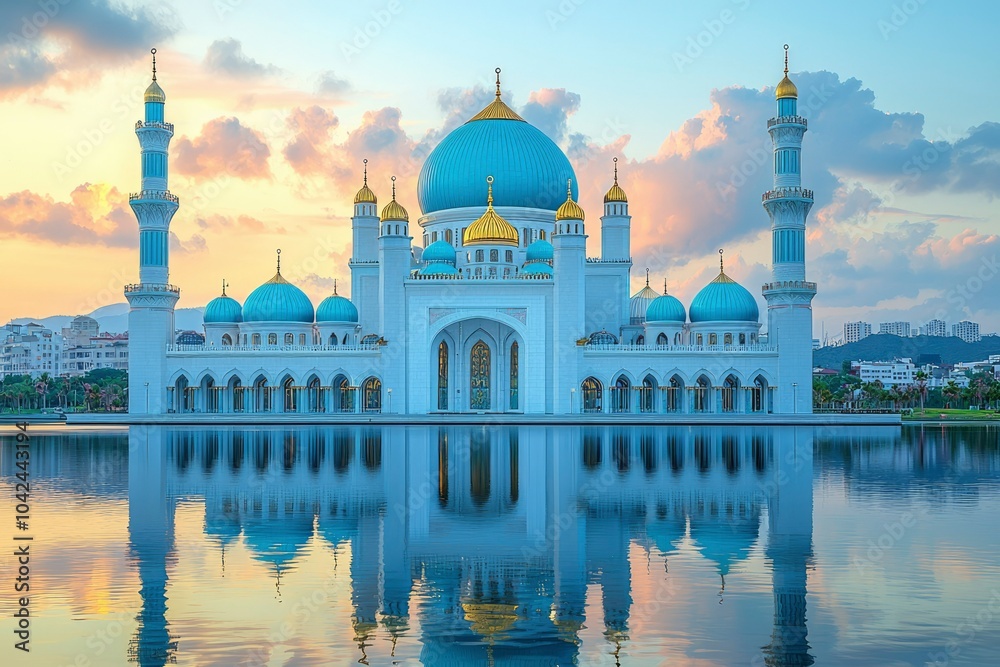 Obraz premium A White Mosque with Blue Domes and Minarets Reflected in a Lake at Sunset