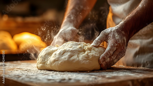 Kneading dough on a wooden ...