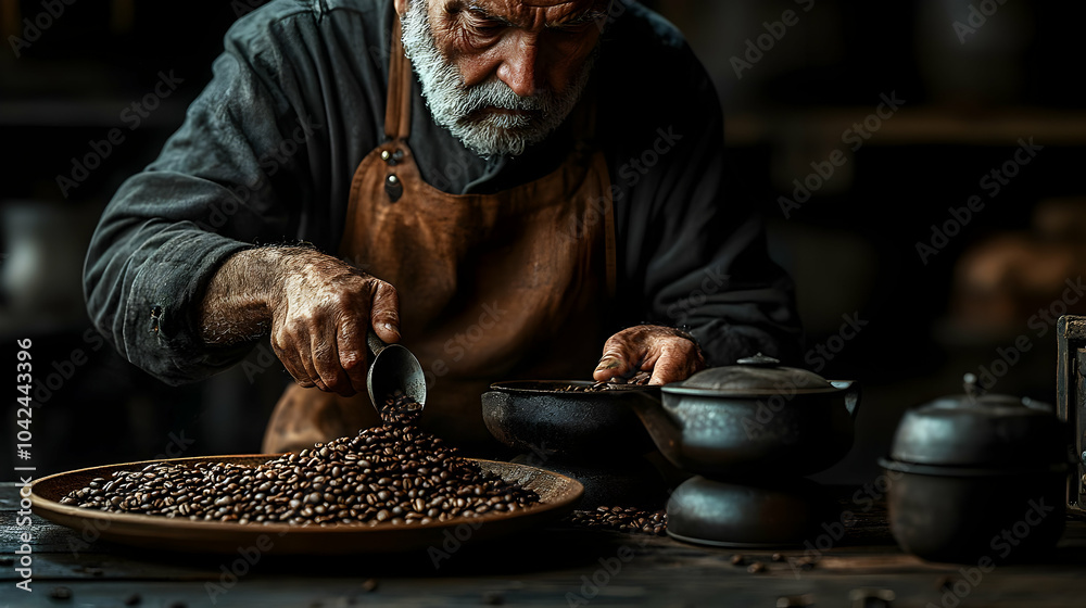 Elderly man measuring coffee beans in a rustic setting. Elderly man measuring coffee beans in a rustic setting.
