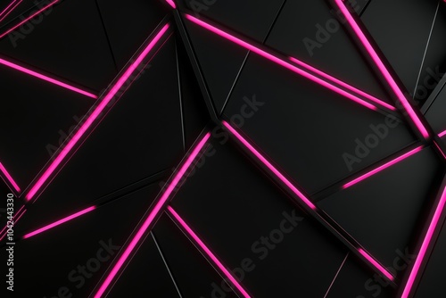 Abstract black background. Featuring a series of interlocking neon triangles. Showcasing a modern and striking design. Ideal for tech or digital art projects photo