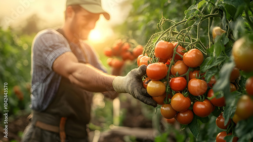 Farmer harvesting ripe toma...
