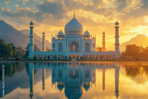 The Taj Mahal Reflecting in a Still Pond at Sunset photo