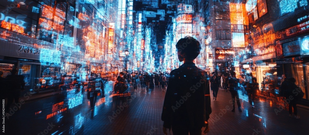 A lone figure stands in a bustling city street, surrounded by neon lights and digital displays. A lone figure stands in a bustling city street, surrounded by neon lights and digital displays.