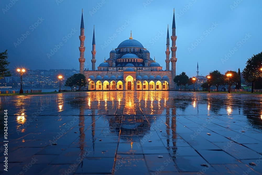Naklejka premium The Blue Mosque Reflected in a Wet Plaza at Twilight