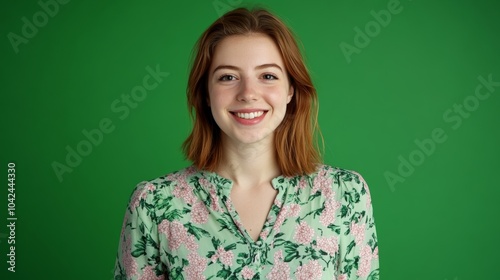 A smiling young woman with shoulderlength auburn hair wears a floral blouse radiating positivity. photo