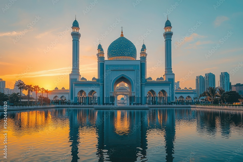 Obraz premium A grand mosque with twin minarets reflecting in a tranquil pond at sunset
