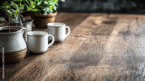 Ceramic mugs and plants on rustic wooden table