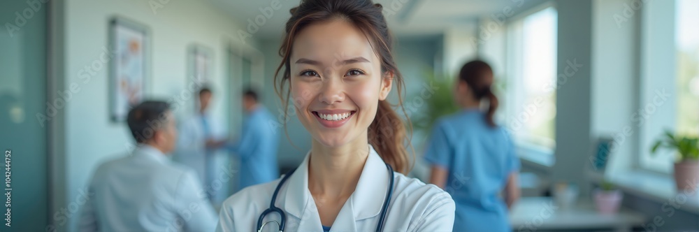 A smiling female doctor in a hospital setting, embodying professionalism and care. Ideal for healthcare, medical, and wellness related projects. A smiling female doctor in a hospital setting, embodying professionalism and care. Ideal for healthcare, medical, and wellness related projects.