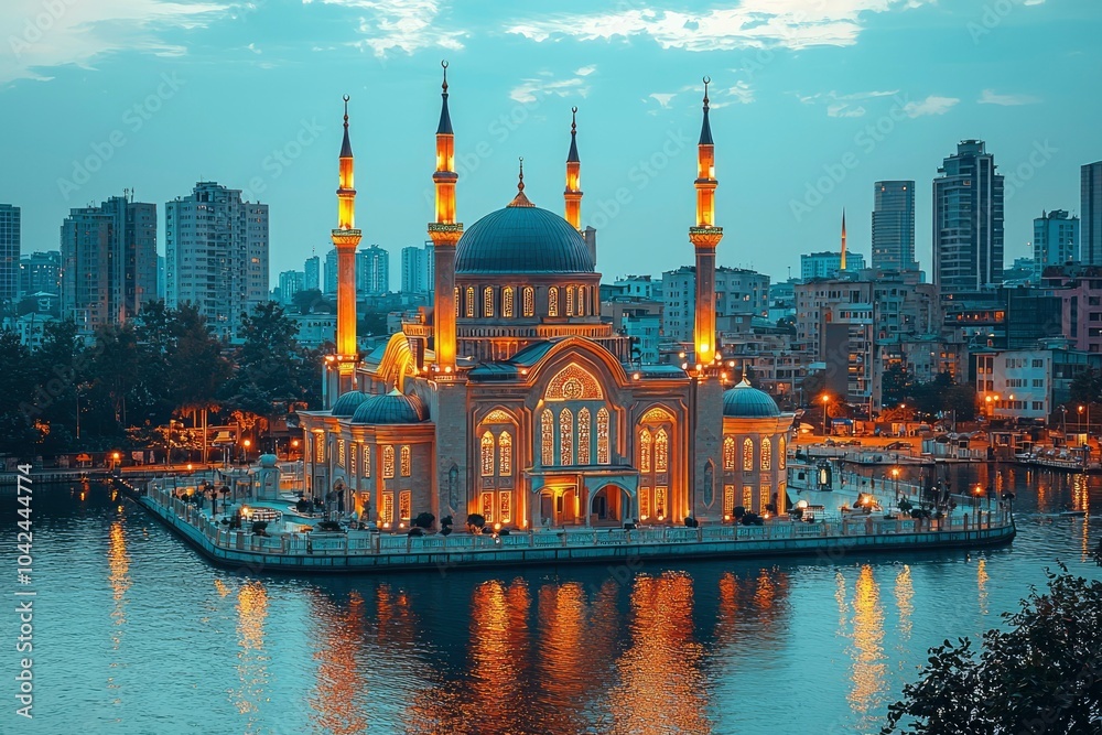 Fototapeta premium Illuminated Mosque on a Small Island in a City at Dusk