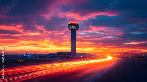 Sunset view of an airport c...