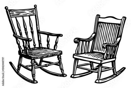  old model wooden chair and rocker vector art illustration 