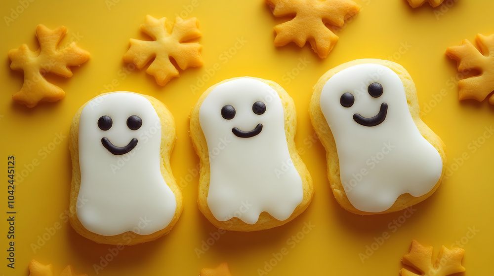 Cute Ghost Cookies Decorated with Smiling Faces Cute Ghost Cookies Decorated with Smiling Faces