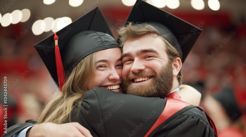 Fototapeta premium Graduates celebrating their achievements with joyful embraces during a university commencement ceremony in a lively auditorium setting.