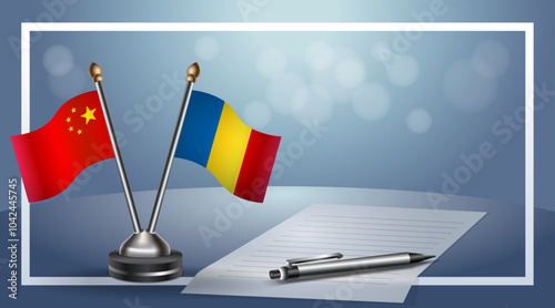 China and Romania Small national flag on bokeh background, cooperative relationship