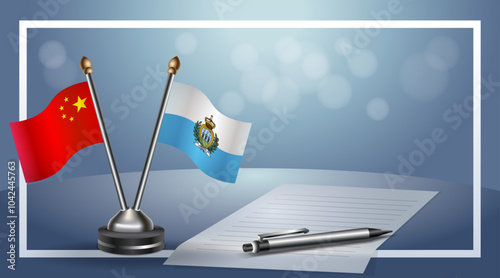 China and San Marino Small national flag on bokeh background, cooperative relationship