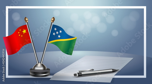 China and Solomon Islands  Small national flag on bokeh background, cooperative relationship