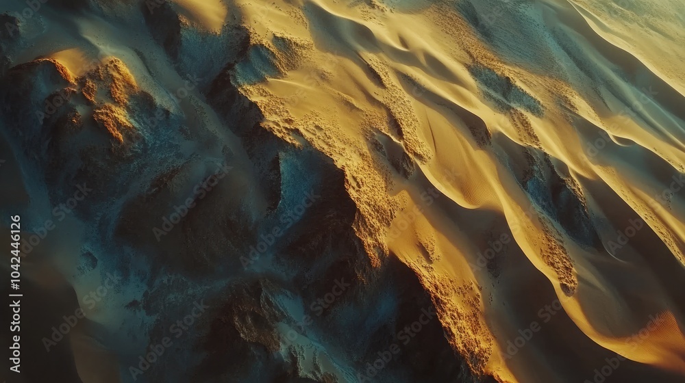 Fototapeta premium Aerial shot of sand dunes at golden hour, with soft curves and deep shadows creating a captivating abstract landscape