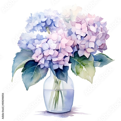 Watercolor bouquet of hydrangea in a vase photo