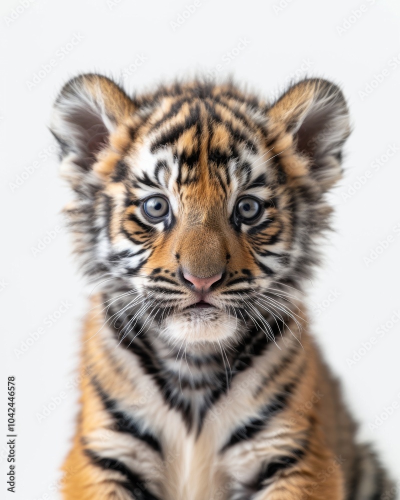 Obraz premium the baby Bengal Tiger , portrait view, white copy space on right, Isolated on white Background